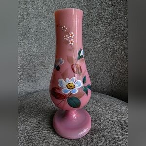 Small Antique Pink Oplaline Britol Raised Floral Hand Painted Glass Vase 7"